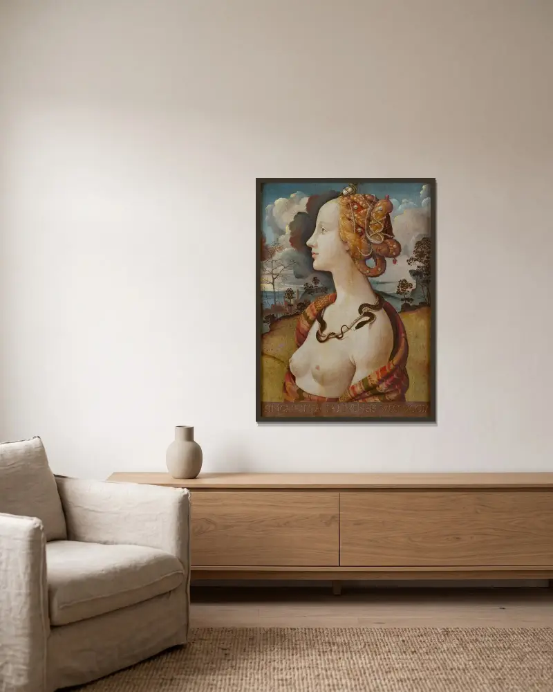 Portrait de femme dit de Simonetta Vespucci av Piero di Cosimo inramad på en vägg