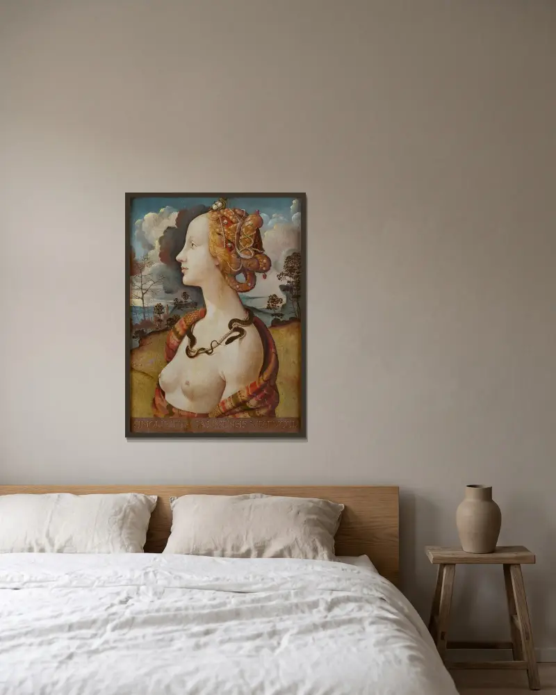 Portrait de femme dit de Simonetta Vespucci av Piero di Cosimo inramad på en vägg