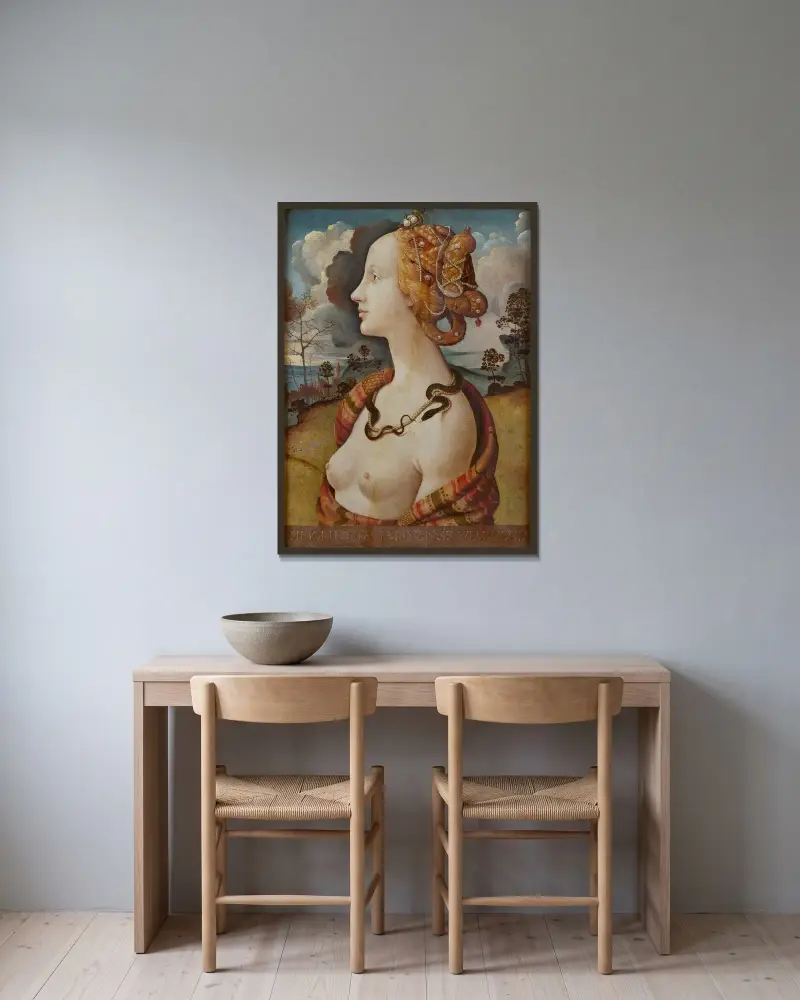 Portrait de femme dit de Simonetta Vespucci av Piero di Cosimo inramad på en vägg