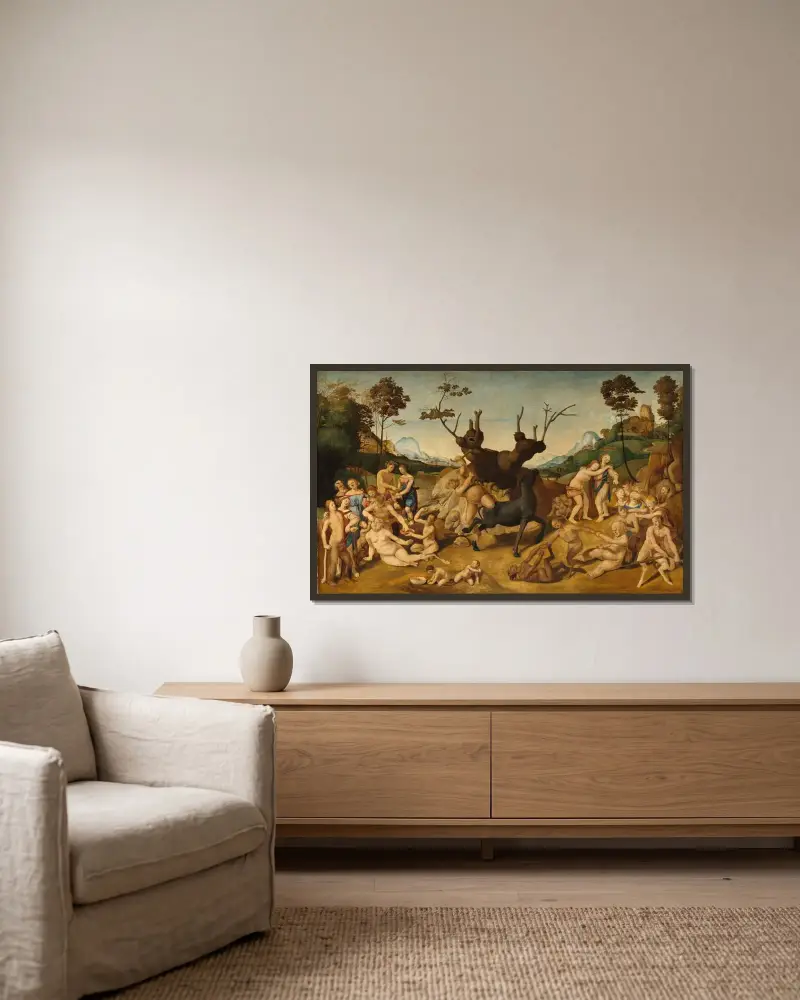 Silenus olyckor av Piero di Cosimo inramad på en vägg