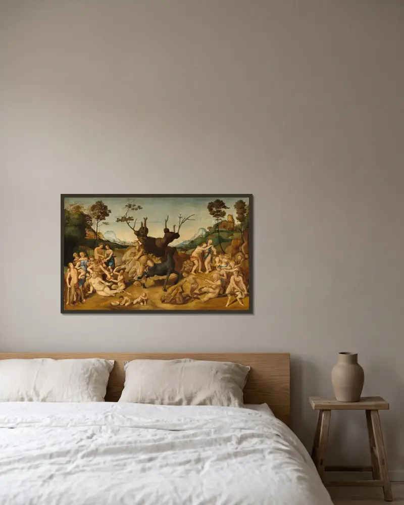 Silenus olyckor av Piero di Cosimo inramad på en vägg