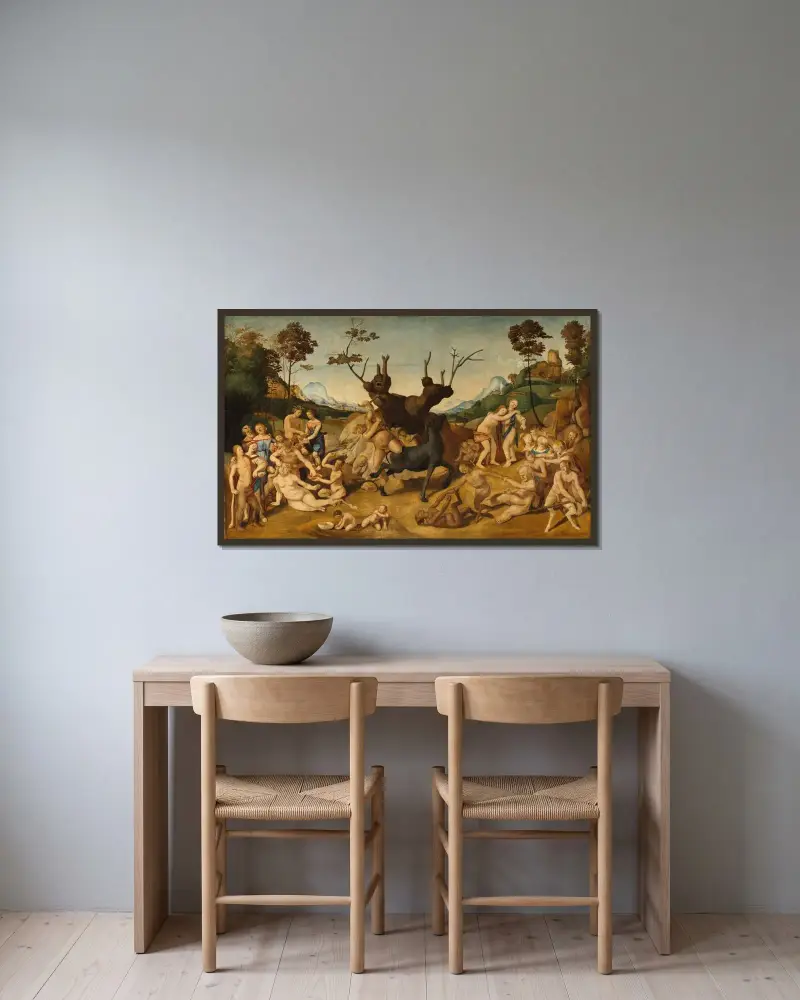 Silenus olyckor av Piero di Cosimo inramad på en vägg