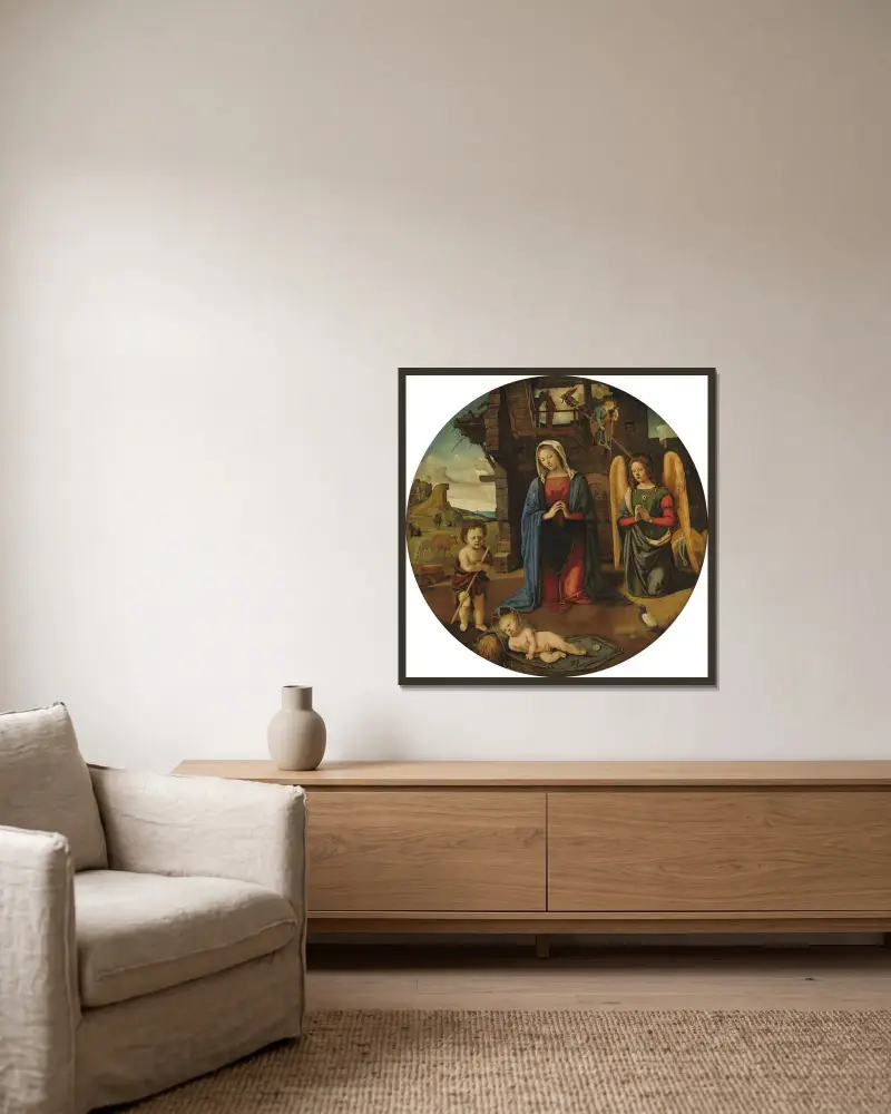 The Nativity with the Infant Saint John av Piero di Cosimo inramad på en vägg