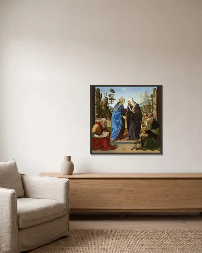The Visitation with Saint Nicholas and Saint Anthony Abbot av Piero di Cosimo inramad på en vägg