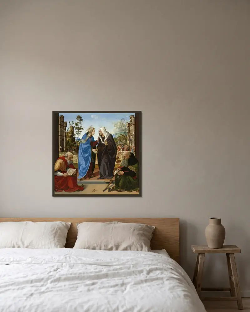 The Visitation with Saint Nicholas and Saint Anthony Abbot av Piero di Cosimo inramad på en vägg