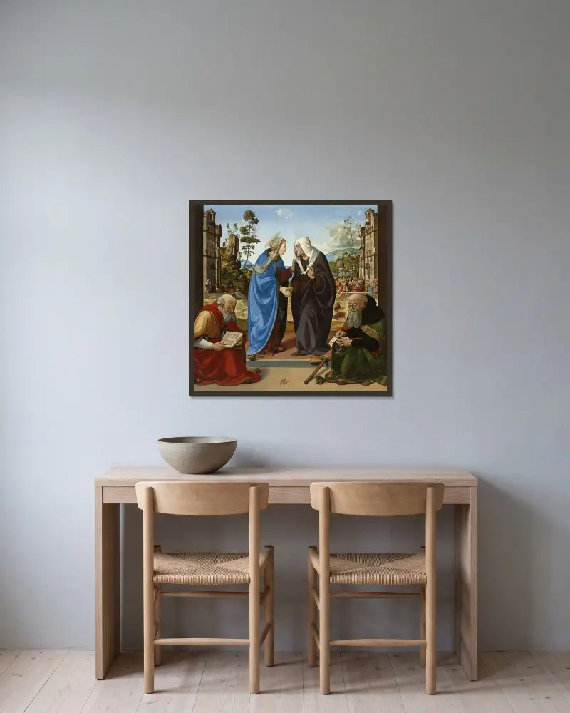 The Visitation with Saint Nicholas and Saint Anthony Abbot av Piero di Cosimo inramad på en vägg