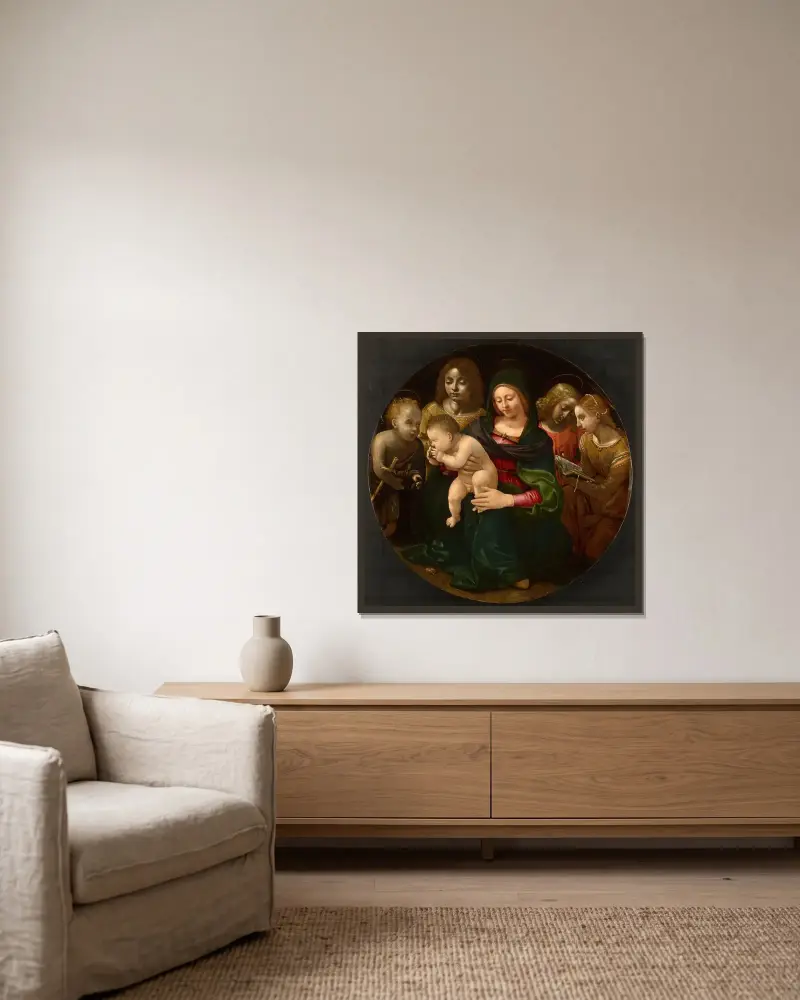 Virgin and Child with the Young Saint John the Baptist, Saint Cecilia, and Angels av Piero di Cosimo inramad på en vägg