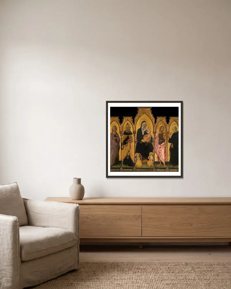 Madonna and Child with Saints av Giovanni di Paolo inramad på en vägg