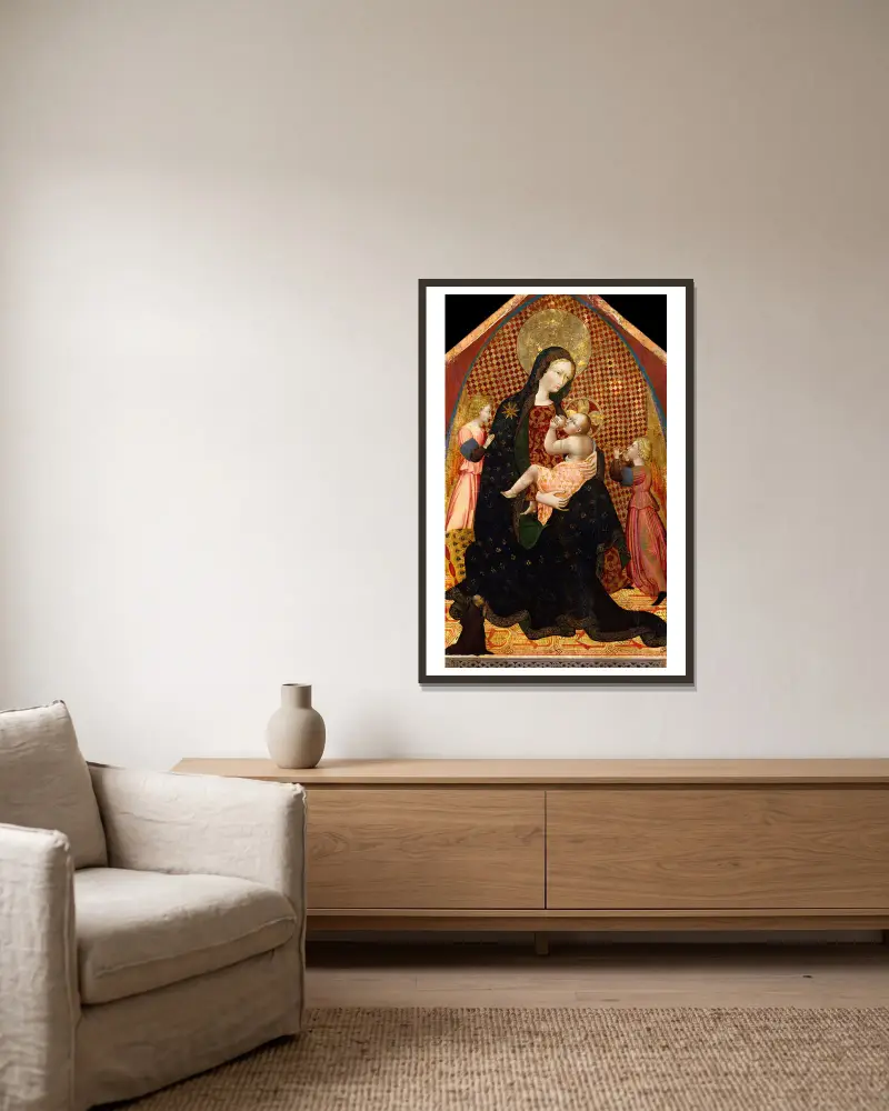 Madonna and Child with Two Angels and a Donor av Giovanni di Paolo inramad på en vägg