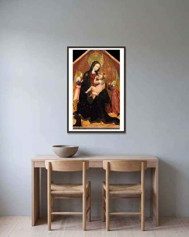 Madonna and Child with Two Angels and a Donor av Giovanni di Paolo inramad på en vägg