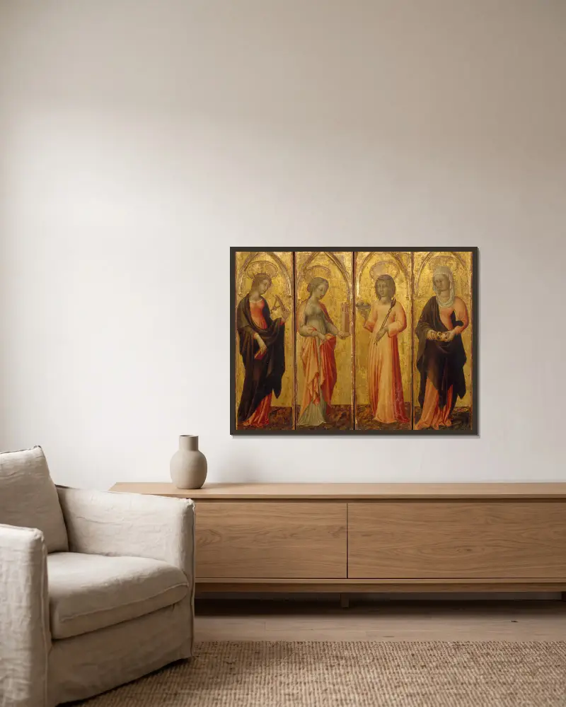 Saints Catherine of Alexandria, Barbara, Agatha, and Margaret av Giovanni di Paolo inramad på en vägg