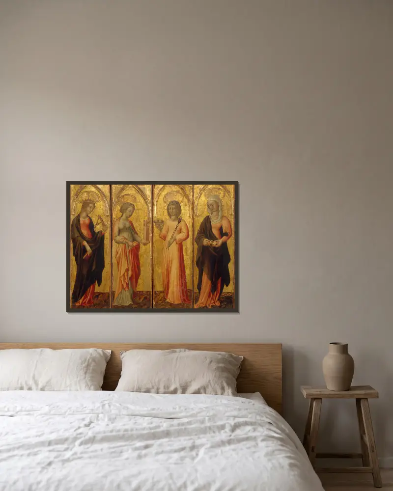 Saints Catherine of Alexandria, Barbara, Agatha, and Margaret av Giovanni di Paolo inramad på en vägg