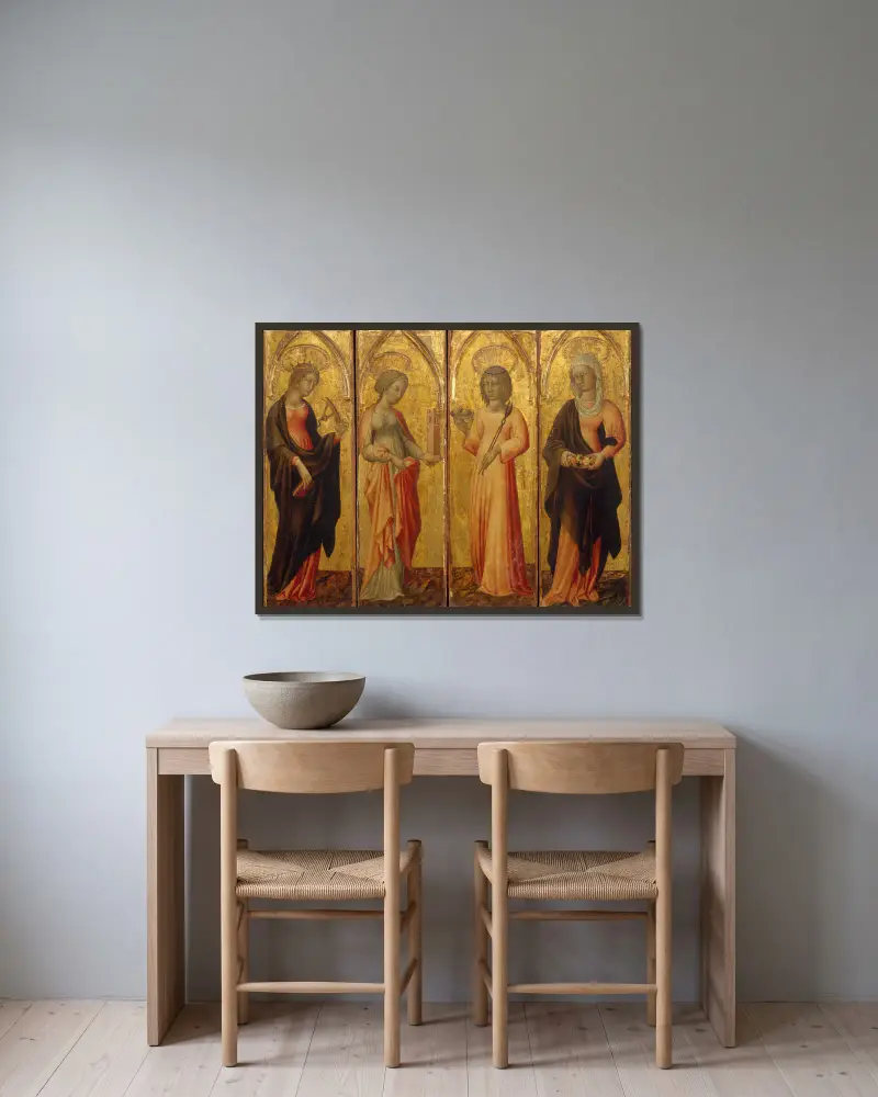 Saints Catherine of Alexandria, Barbara, Agatha, and Margaret av Giovanni di Paolo inramad på en vägg