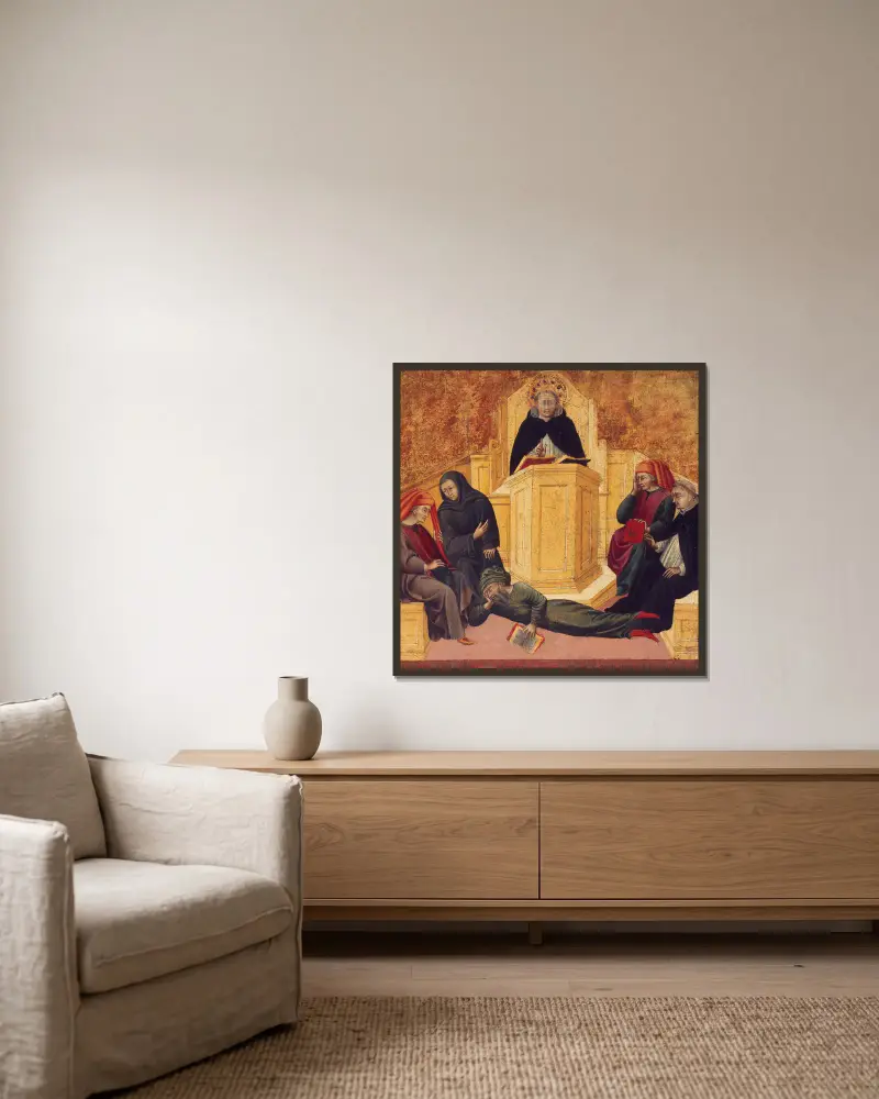 St. Thomas Aquinas Confounding Averroës av Giovanni di Paolo inramad på en vägg