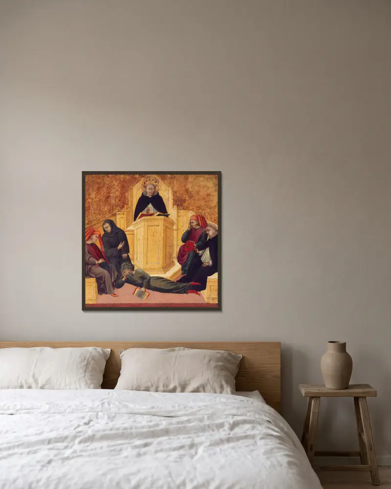 St. Thomas Aquinas Confounding Averroës av Giovanni di Paolo inramad på en vägg