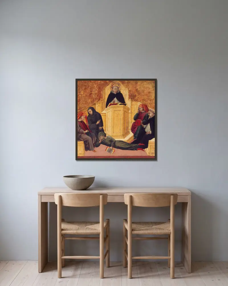 St. Thomas Aquinas Confounding Averroës av Giovanni di Paolo inramad på en vägg