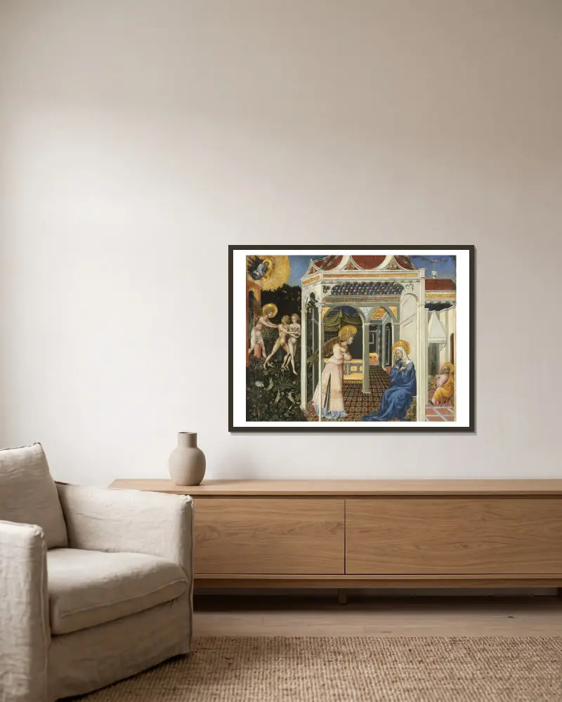 The Annunciation and Expulsion from Paradise av Giovanni di Paolo inramad på en vägg
