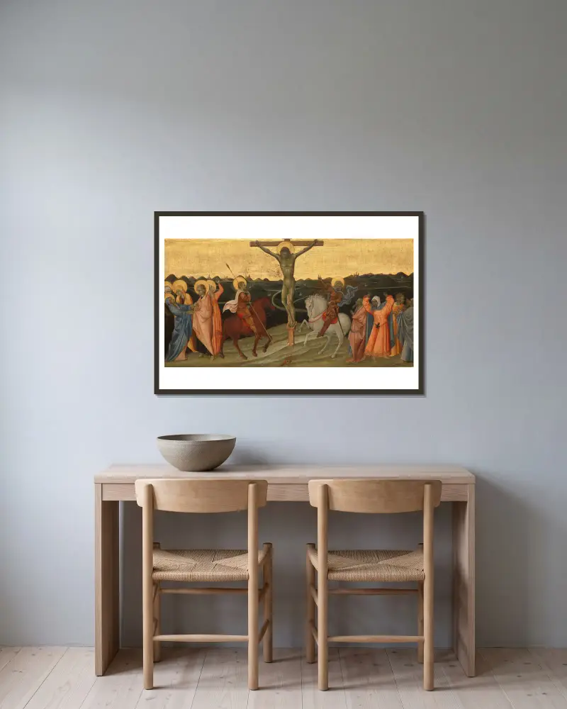 The Crucifixion av Giovanni di Paolo inramad på en vägg