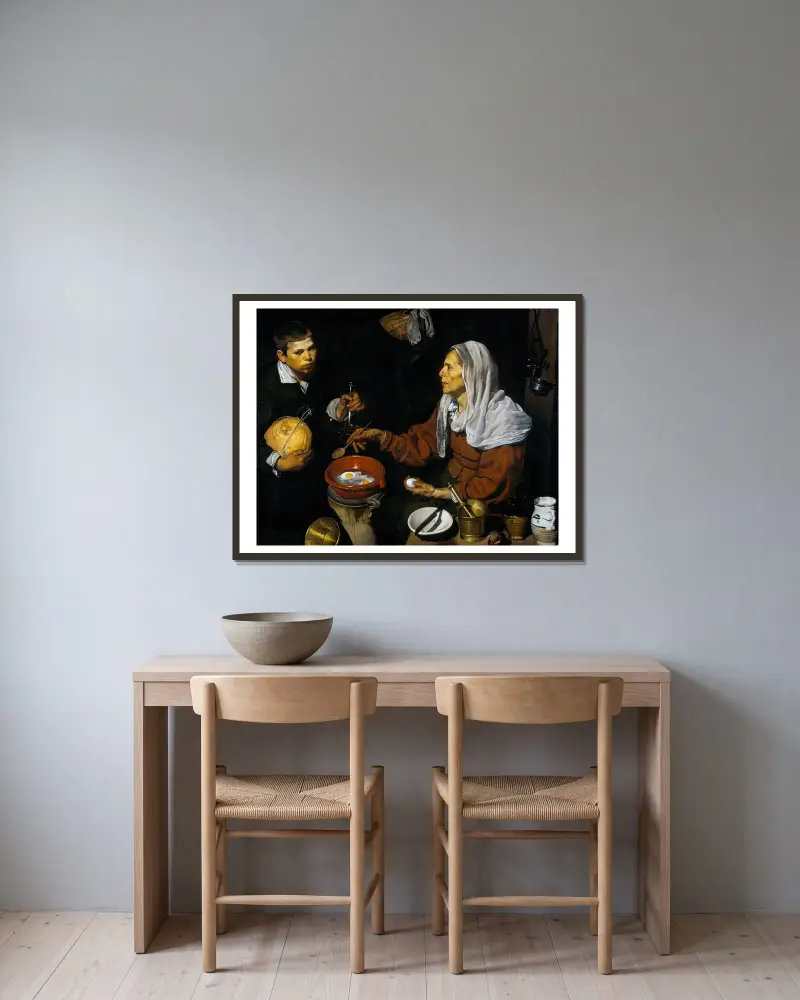 An Old Woman Cooking Eggs av Diego Velázquez inramad på en vägg