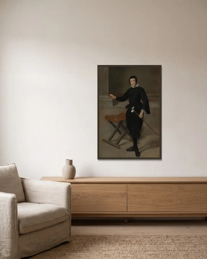 Porträtt av hovnarren Calabazas av Diego Velázquez inramad på en vägg
