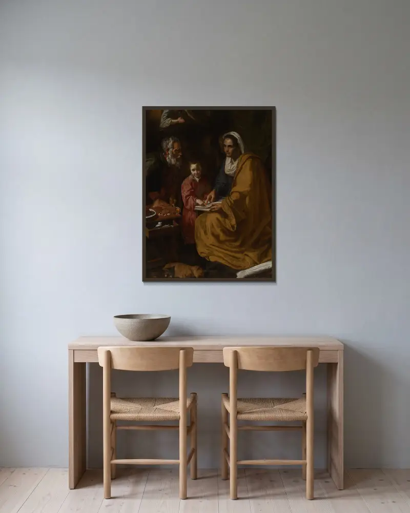 Jungfruns undervisning av Diego Velázquez inramad på en vägg