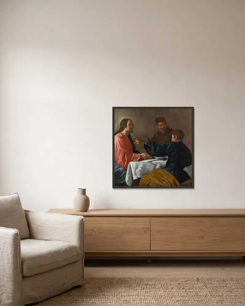 Das Gastmahl in Emmaus von Diego Velázquez gerahmt an einer Wand