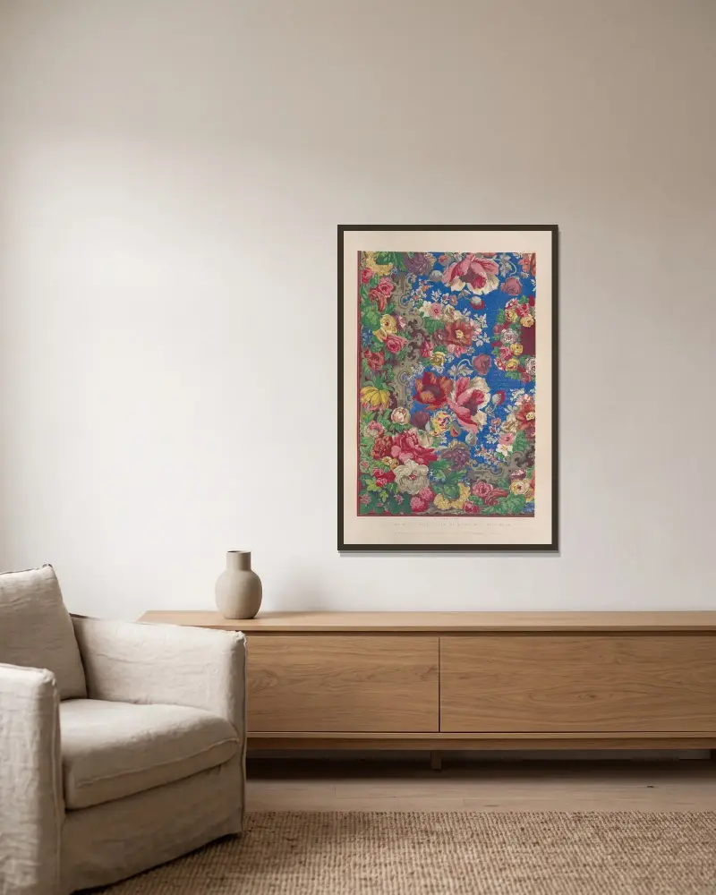 Blockgedruckte Tischdecke von Matthew Digby Wyatt gerahmt an einer Wand