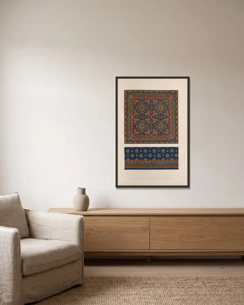 Teppiche im mittelalterlichen Stil von Matthew Digby Wyatt gerahmt an einer Wand