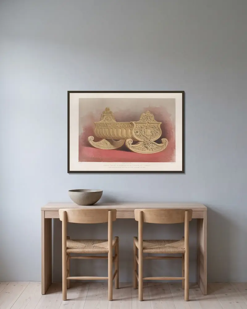 In Buchsbaum geschnitzte Wiege von Matthew Digby Wyatt gerahmt an einer Wand