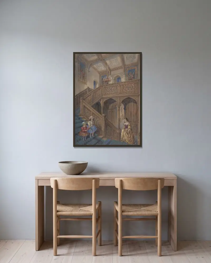 Entwurf für eine Treppe im jakobinischen Stil (recto); Architekturelement-Entwurf von Matthew Digby Wyatt gerahmt an einer Wand