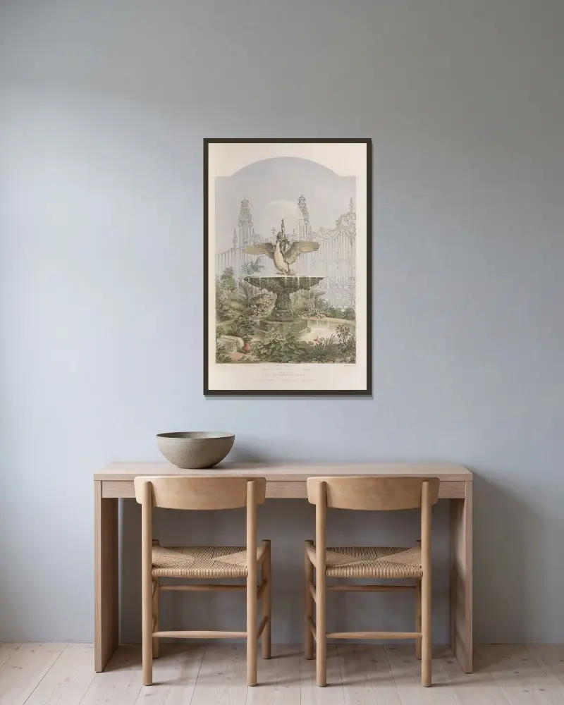 Fontän och ornamentportar av Matthew Digby Wyatt inramad på en vägg