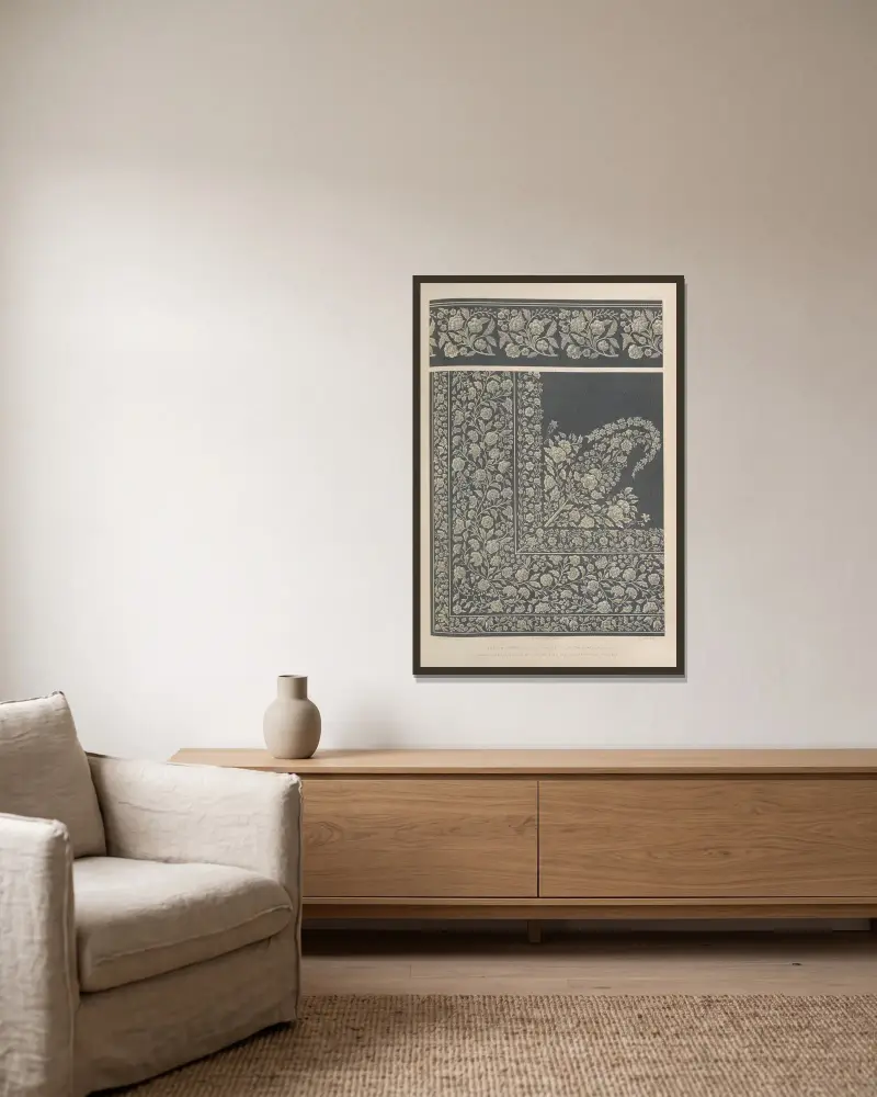 Indian embroidery in white silk on black net. av Matthew Digby Wyatt inramad på en vägg