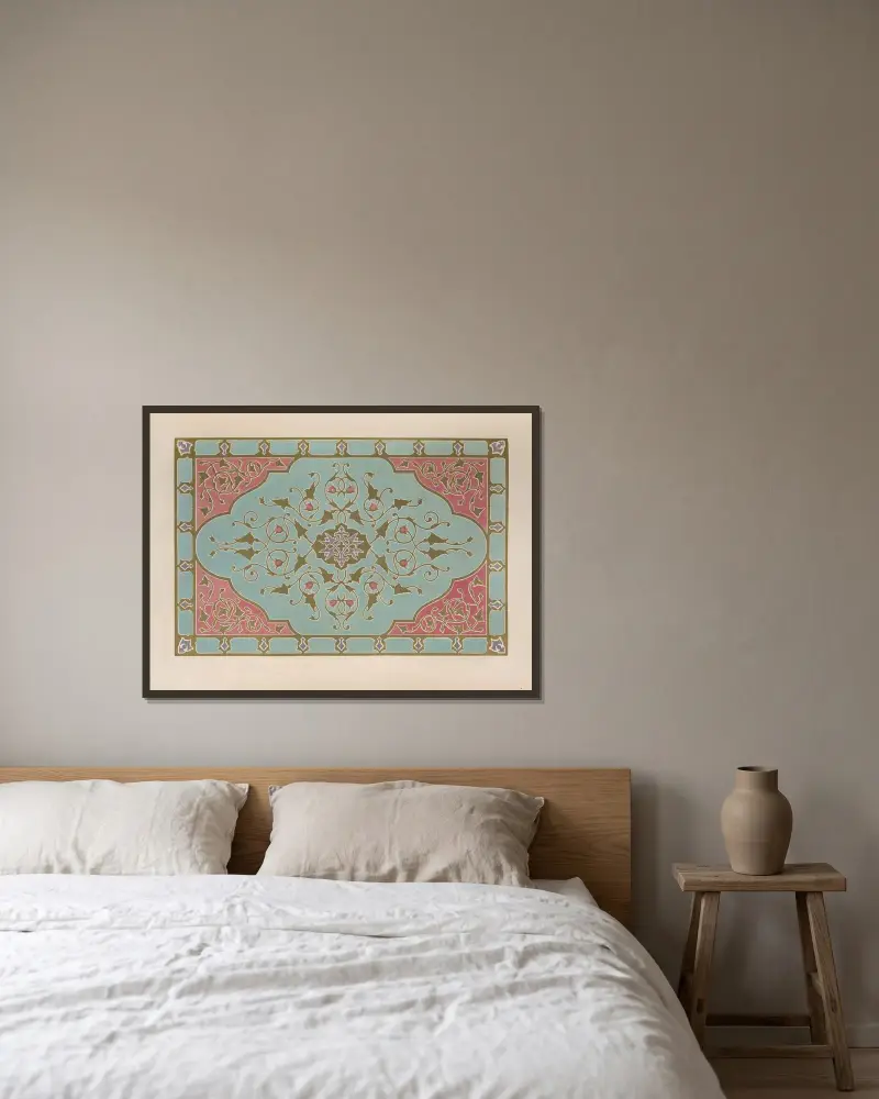 Ornamentales Deckelbild einer Farbkiste von Matthew Digby Wyatt gerahmt an einer Wand