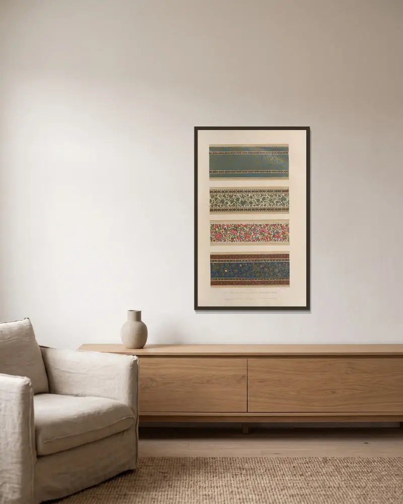 Specimens of painted lacquer work from Lahore av Matthew Digby Wyatt inramad på en vägg