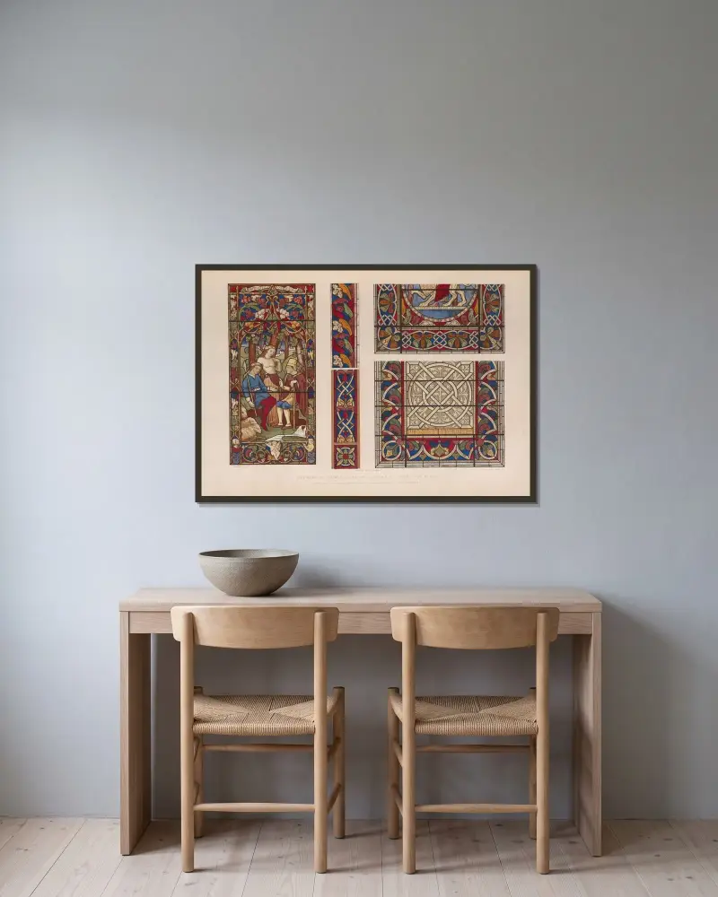 Prover på målat glas av Matthew Digby Wyatt inramad på en vägg
