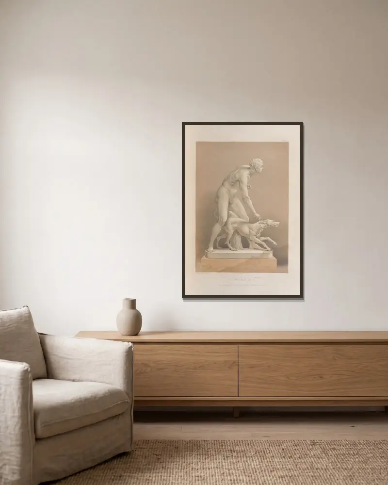 Der Jäger – eine Statue aus Marmor von Matthew Digby Wyatt gerahmt an einer Wand