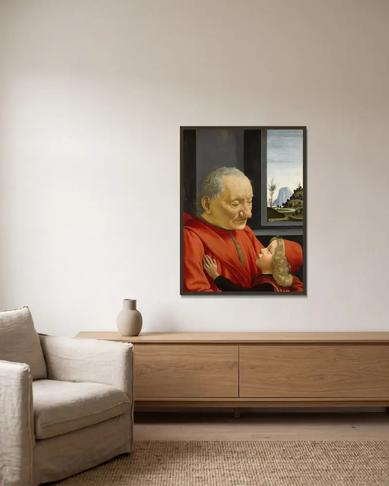 En gammal man och hans barnbarn av Domenico Ghirlandaio inramad på en vägg