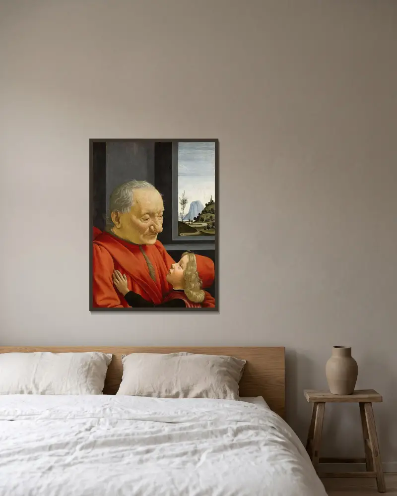 En gammal man och hans barnbarn av Domenico Ghirlandaio inramad på en vägg