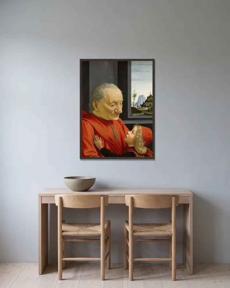 En gammal man och hans barnbarn av Domenico Ghirlandaio inramad på en vägg