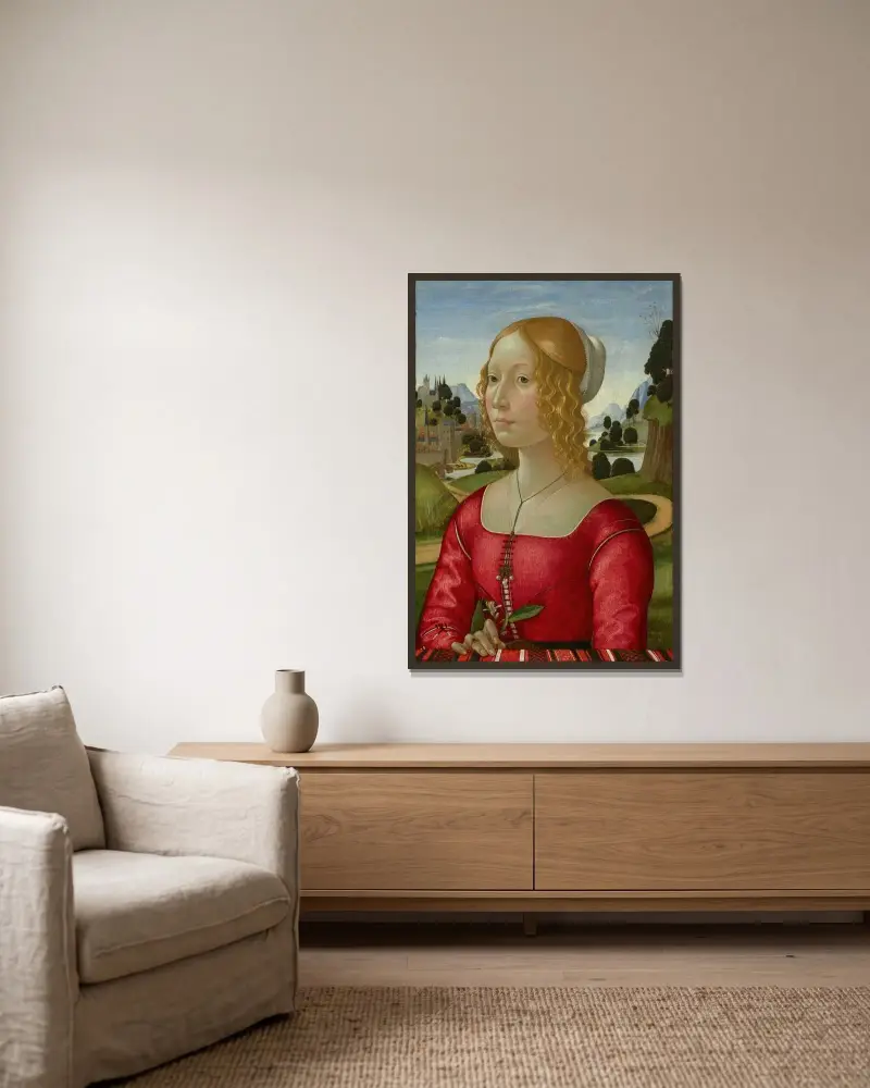 Porträtt av en kvinna av Domenico Ghirlandaio inramad på en vägg