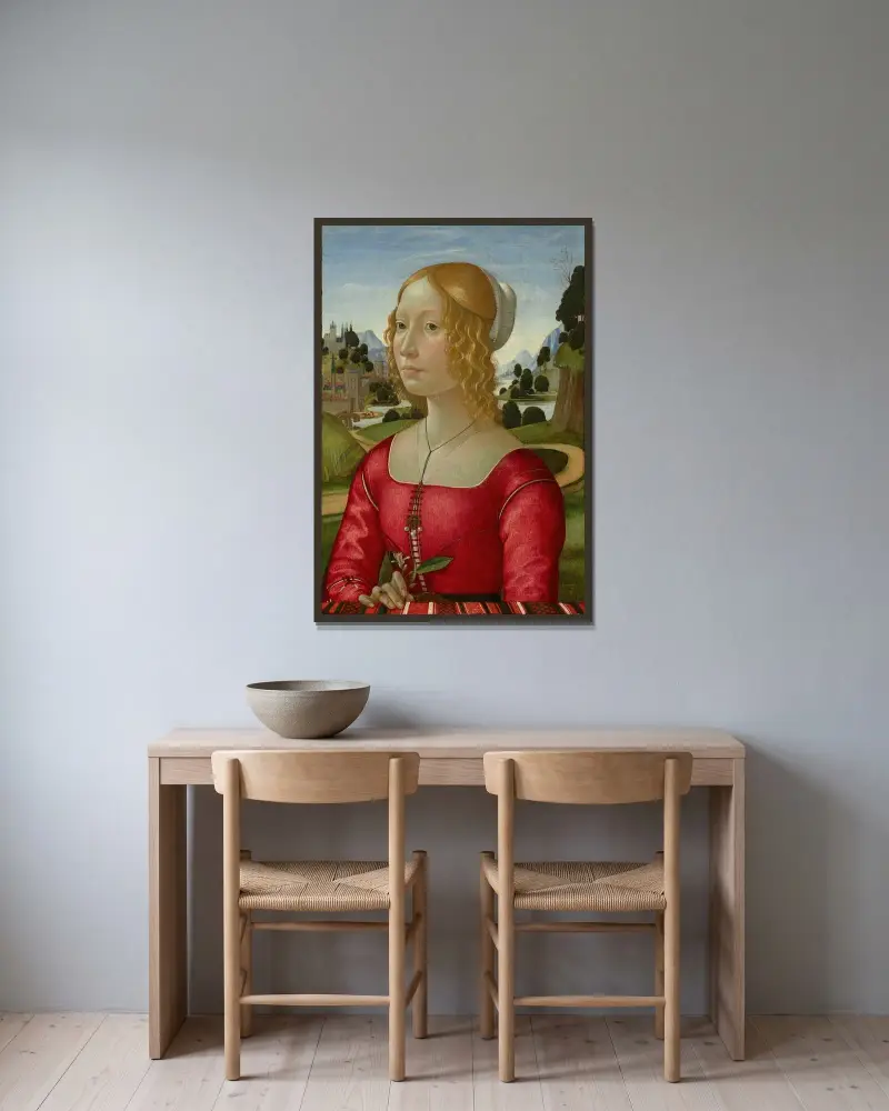 Porträtt av en kvinna av Domenico Ghirlandaio inramad på en vägg