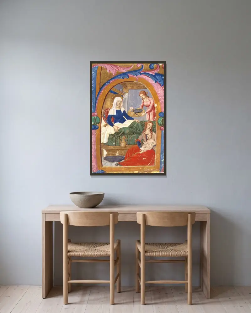 Jungfruns födelse i en initial H av Domenico Ghirlandaio inramad på en vägg