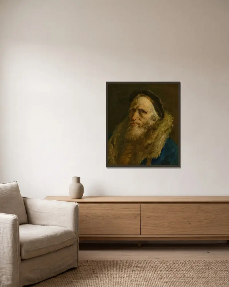 Skäggig man i pälskantad rock av Giovanni Domenico Tiepolo inramad på en vägg