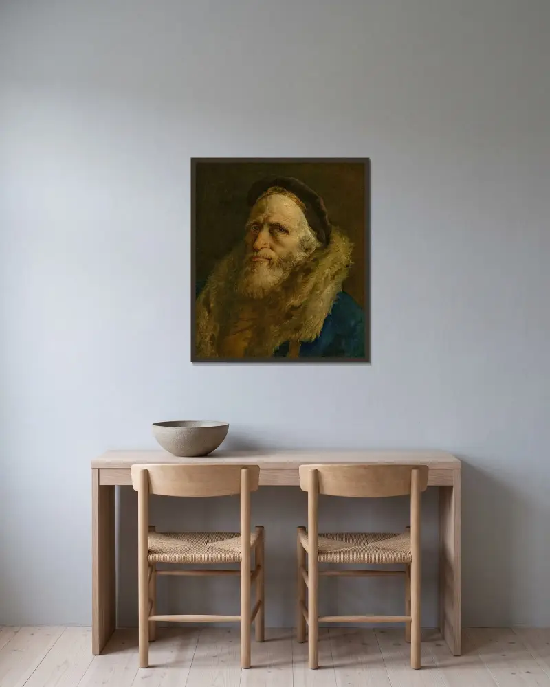 Skäggig man i pälskantad rock av Giovanni Domenico Tiepolo inramad på en vägg