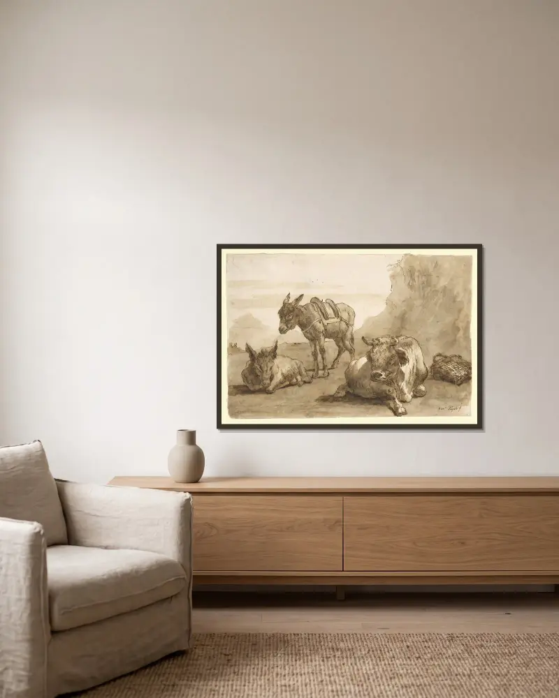 En liggande tjur och två åsnor i ett landskap av Giovanni Domenico Tiepolo inramad på en vägg