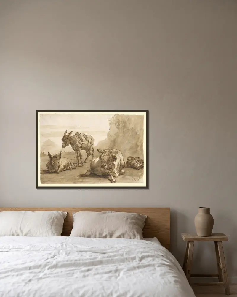 En liggande tjur och två åsnor i ett landskap av Giovanni Domenico Tiepolo inramad på en vägg