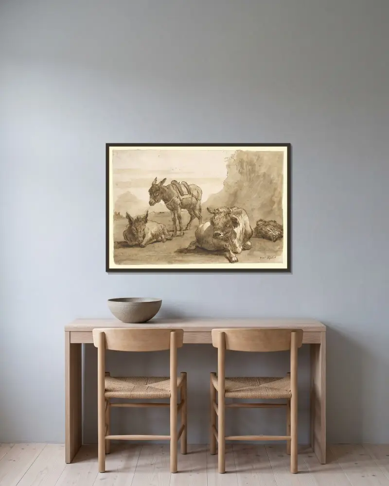 En liggande tjur och två åsnor i ett landskap av Giovanni Domenico Tiepolo inramad på en vägg