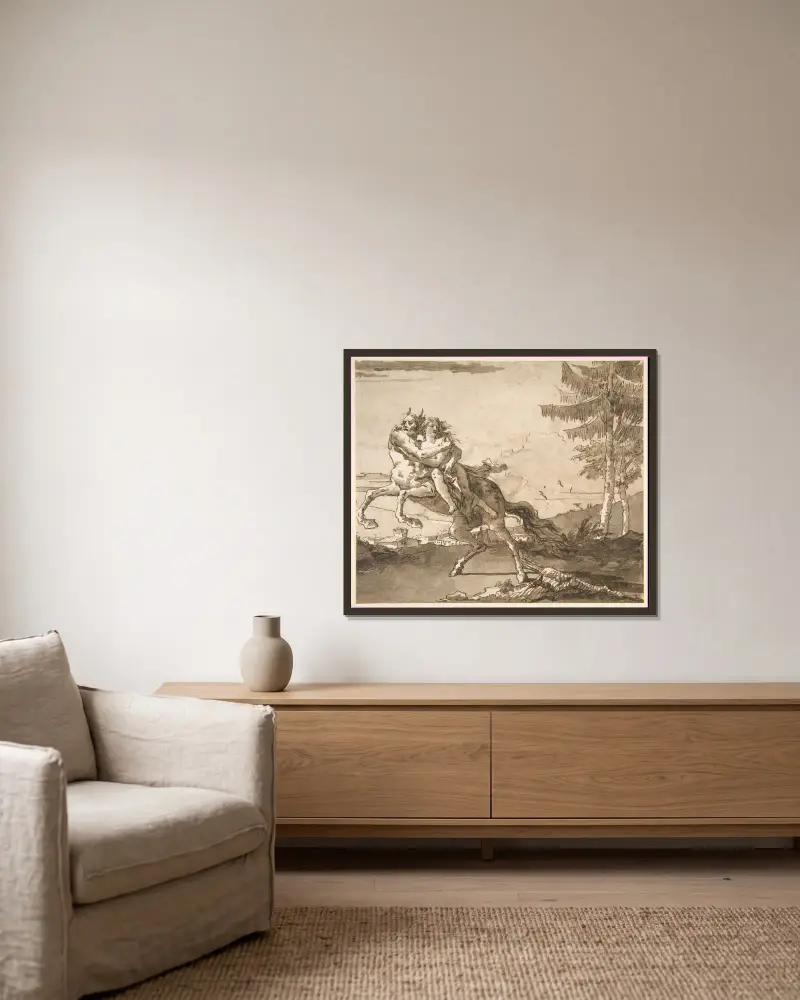 En kentaur bortför en nymf av Giovanni Domenico Tiepolo inramad på en vägg