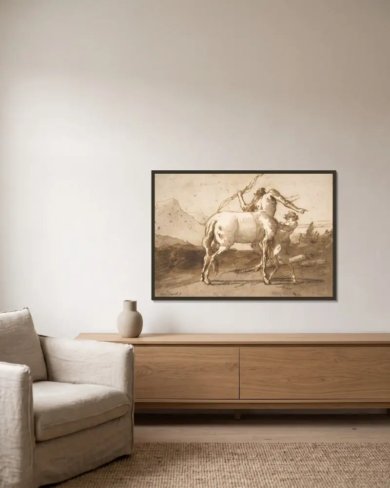 En kentaur och en satyr av Giovanni Domenico Tiepolo inramad på en vägg