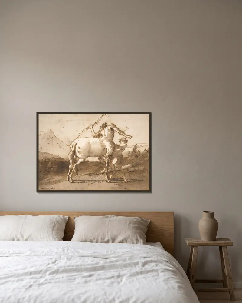 En kentaur och en satyr av Giovanni Domenico Tiepolo inramad på en vägg